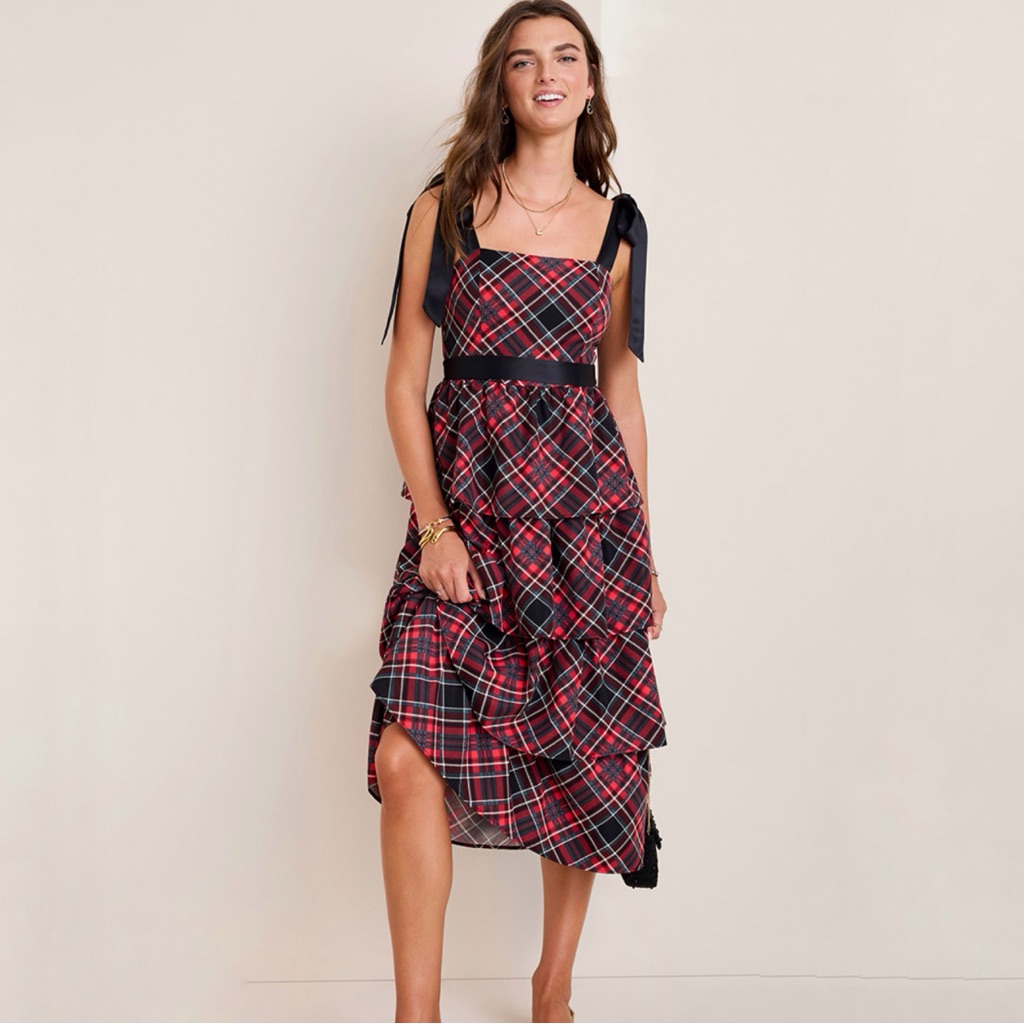 Francesca’s Charlotte Plaid Tiered Midi Dress In Black & Red Plaid Nwt
